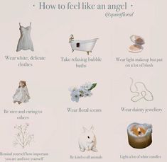 a poster with pictures of different things to see in the bathroom and how to feel like an angel