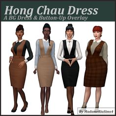 three women in dress outfits standing next to each other with the words hong chau dress