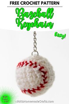 a crocheted baseball keychain with the text free crochet pattern