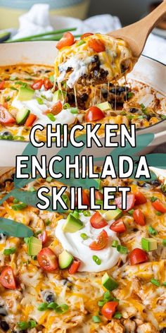 the chicken enchilada skillet is loaded with vegetables and cheese