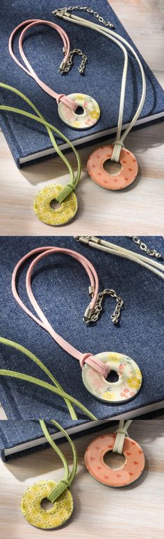 two pictures of different necklaces on top of blue jeans