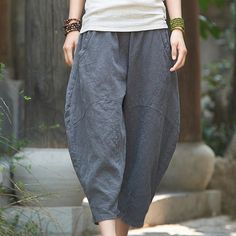 Babakud Cotton Linen Pockets Casual Bloom Pants Summer Linen, Comfy Pants, Linen Pants Women, Elastic Waist Pants, Vintage Pants, Ankle Length Pants, Summer Fabrics, Women Pants Casual, Linen Women