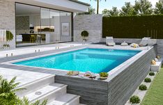 an outdoor swimming pool with steps leading up to it and lounge chairs around the pool