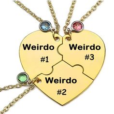 PRICES MAY VARY. "Unique Trio Necklace Set: Embrace the quirkiness with our Weirdo 1, Weirdo 2, Weirdo 3 Necklace Heart BFF Set! Crafted from high-quality stainless steel, these three necklaces come together to form a heart, symbolizing the unbreakable bond of friendship. Perfect for best friends, sisters, or any trio of kindred spirits." "Heartfelt Friendship Jewelry: Express your unique connection with this special BFF necklace set. Each necklace is engraved with ""Weirdo 1,"" ""Weirdo 2,"" or Weirdo 1 Weirdo 2 Necklace, 3 Bff Necklaces, Bestie Necklaces For 2, Trio Outfit Ideas, Bestie Necklaces, Bff Christmas, Cute Glasses Frames, Bff Stuff, Friendship Forever