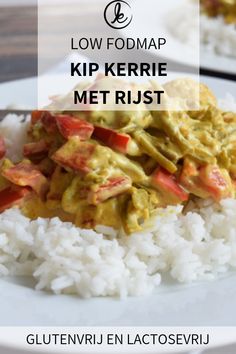 low fodmap kip kermie met rist on a white plate