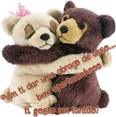 two teddy bears hugging each other in front of a white background with the words,