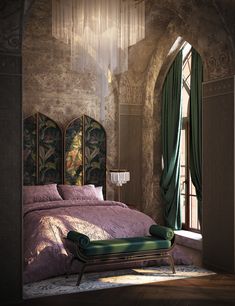 a large bed sitting under a window next to a green chair in a living room