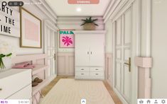 a virtual view of a pink and white room with pictures hanging on the wall,