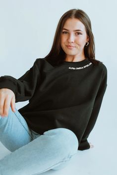 Black sweatshirt with White Collar text - Alpha Omega Epsilon – Spikes and Seams Greek Sorority Rush Shirts, Me As A Mother, Kappa Shirt, Alpha Phi Shirts, Kappa Hoodie, Alpha Omega Epsilon, Phi Sigma Pi, Kappa Delta Chi, Phi Sigma Rho