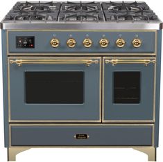 a blue and gold stove top oven with two burners