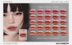 the swatches are all different colors and sizes for each lip type, including pinks, oranges, and red