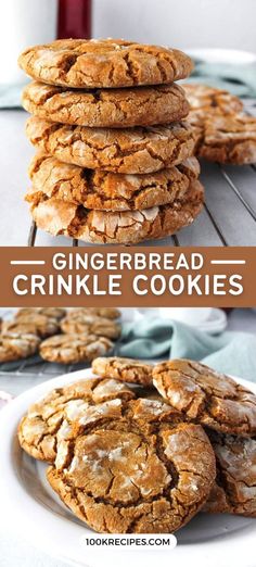 gingerbread crinkle cookies stacked on top of each other with the title above it