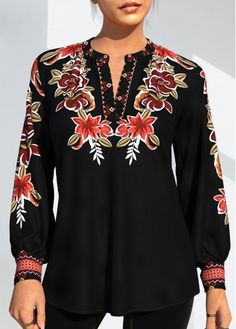 Color:Black;Size:S;Size:M;Size:L;Size:XL;Size:XXL;Washing Instructions:Hand Wash /Machine Washable;Decoration:Split Neck;Sleeve's Length:Long Sleeve;Pattern Type:Tribal;Neckline:Split Neck;Clothing's Length:Regular;Season:Autumn;Color Scheme:Black;Occasion:Staycation;Package Contents:1 X Blouse;Composition:95%Polyester , 5%Spandex;Style:Casual; Vintage Style Women, Blouse Necklines, Black Long Sleeve Blouse, Black Blouse Long Sleeve, Sleeves Pattern, Blouse Styles, Black Blouse, Black Long Sleeve, Womens Clothing Tops