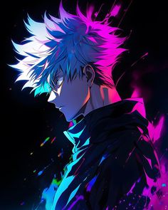 an anime character with white hair and blue eyes in front of colorful paint splatters