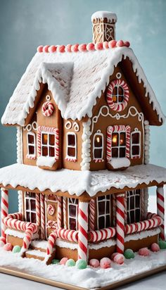 a gingerbread house with candy canes on the roof