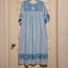 Quacker Factory Maxi Dress Small Embroided Sailor Striped Sailboat Lighthouse Pit To Pit: 17" L: 48" Casual Blue Embroidered Midi Dress, Blue Embroidered Short Sleeve Maxi Dress, Blue Cotton Sailor Dress, Denim Jumper Dress, Maxi Shift Dress, Modest Maxi, Sailor Stripes, Maxi Shirts, Short Sleeve Maxi Dresses