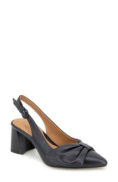 An asymmetric vamp bow adds contemporary intrigue to a slingback leather pump balanced by a pointy toe and wrapped block heel. 2 1/2" heel Adjustable slingback strap with buckle closure Removable, PORON®-cushioned insole with arch support Leather upper and lining/rubber sole Imported Chic Leather Slingback Pumps With 4-inch Heel, Modern Leather Slingback Pumps With 4-inch Heel, Chic Closed Toe Slingback Sandals With Wrapped Heel, Black Leather Slingback Pumps With Bow, Chic Formal Slingback Sandals With Bow, Leather Slingback Sandals With Sculpted Heel For Evening, Leather Slingback Pumps With Wrapped Heel For Spring, Leather Slingback Pumps With Bow For Evening, Spring Leather Slingback Pumps With Wrapped Heel