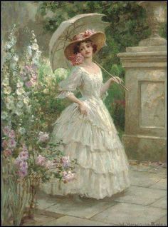 a painting of a woman in a dress and hat holding an umbrella next to flowers