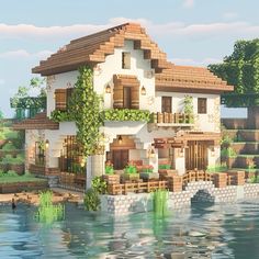 Cute Minecraft Houses Cottage Big, Boho Minecraft Houses, Mc Beach House, Minecraft Dormer Window, Coastal House Minecraft, Creative Minecraft Houses, Minecraft Water Castle, Minecraft Laundry Room, Mountain Side Minecraft House Ideas