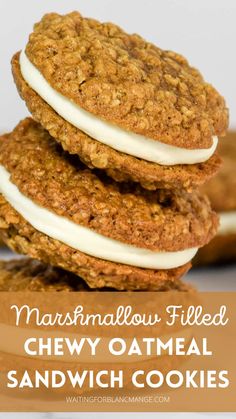 Stack of oatmeal sandwich cookies with marshmallow filling. Cream Filled Oatmeal Cookies, Crumbl Oatmeal Mallow Sandwich, Stuffed Oatmeal Cookies, Cream Pie Cookie Recipes, Marshmallow Sandwich Cookies, Marshmallow Cream Recipes, Oatmeal Pie Cookies, Cookie Fillings, Homemade Oatmeal Cream Pie