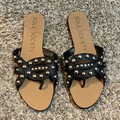 Sole Society Sandals With Black Silver Studs Size;8.5 Women Never Worn W/Tags Black Open Toe Sandals With Silver Studs, Silver Sandals With Studded Rubber Outsoles And Round Toe, Black Sandals With Silver Studs For Summer, Silver Open Toe Sandals With Studded Rubber Outsoles, Botanical Pattern, Sole Society, Top Shoes, Silver Studs, Black Sandals