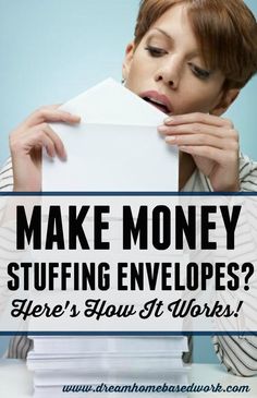 a woman sitting at a desk with stacks of papers in front of her and the words make money stuffing envelopes? here's your if it works