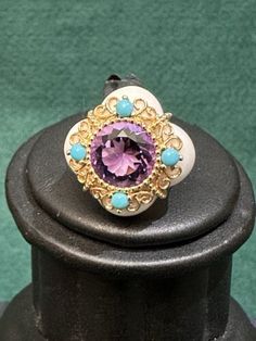 14k Yellow Gold Amethyst Turquoise & Marble Agate Quatrefoil Style Ring Sz 7  | eBay Stone Gold Ring, Turquoise Marble, Stone Gold, Multi Stone, Turquoise Beads, Ring Box, Purple Amethyst, Gold Rings, Agate