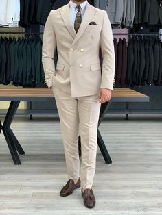 Crystal Double Breasted Cream Suit | VICLAN Suits And Sneakers, Cream Suit, Slim Fit Suit Men, Pants Gift, Stylish Wedding Dresses, Men Cream, Suit Material