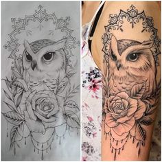 an owl and roses tattoo on the left side of a woman's arm, with one