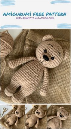 the teddy bear is crocheted and has four different pictures to show it's size