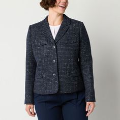 This Liz Claiborne women's boucle blazer is a must-have for polished style. This slightly cropped single-breasted style is cut for a classic elegant fit with a textured finish, a notch collar, multiple pockets and a button closure. Wear it with pants and a blouse. Front Style: Single BreastedClosure Type: ButtonFit: Classic FitPockets: 2 Front Flap Pockets, 2 Chest Button PocketsSleeve Length: Long SleeveSleeve Style: Fitted SleeveApparel Length: 30 InchesFiber Content: 100% PolyesterFabric Desc Petite Blazer, Polished Style, Blazer Blue, Notch Collar, Fitted Blazer, Classic Elegant, Tweed Blazer, Liz Claiborne, Single Breasted