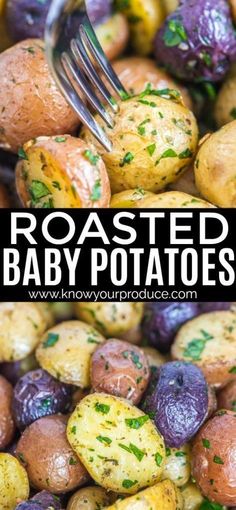 roasted baby potatoes in a bowl with a fork sticking out of the top and text overlay reading roasted baby potatoes