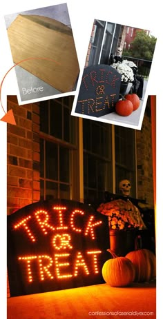 an advertisement for trick or treat with pumpkins and other decorations on the front porch