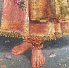 a painting of a woman's feet with jewelry on her ankles and pink flowers in the background