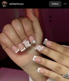 French Tip Charms, Nail Inspo With Charms, Nails Square French Tip, Square French Tip, Nails With Charms, Nails Charms, Teen Nails, Square French, Hard Nails