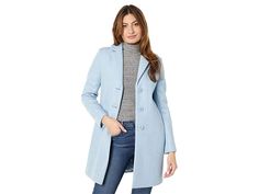 Calvin Klein Single Breasted Peacoat - Women's Clothing : Pastel Blue Melange : Elegant versatile, the Calvin Klein Single Breasted Peacoat is a perfect pick for a formal or casual occasion. Classic notch lapel collar and long sleeves. Center-front button closure. Signature brand name logo patch on the left sleeve. Two hand pockets for added convenience. Straight hemline. Main: 52% polyester, 21% acrylic, 18% nylon, 9% wool; Lining: 100% polyester. Dry-clean. Imported. Measurements: Length: 34 i Spring Fitted Pea Coat With Notch Lapel, Spring Lapel Collar Fitted Pea Coat, Spring Fitted Pea Coat With Lapel Collar, Calvin Klein Button-up Spring Outerwear, Casual Fitted Wool Coat, Spring Wool Coat With Button Closure And Lapel Collar, Fitted Wool Coat With Lapel Collar For Spring, Fitted Wool Coat With Button Closure For Spring, Elegant Calvin Klein Business Casual Outerwear