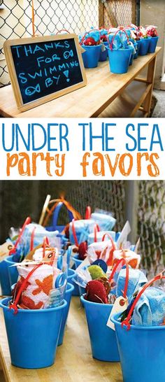 under the sea party favors with blue buckets and strawberries