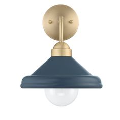 the brass and blue light fixture is mounted on a white wall with a glass globe