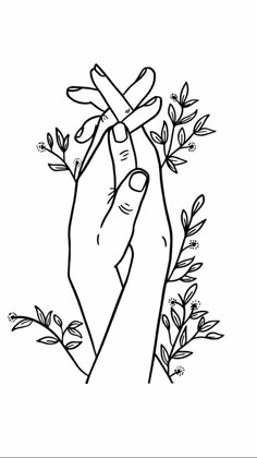 a drawing of two hands holding each other with leaves on the bottom and one hand in the middle