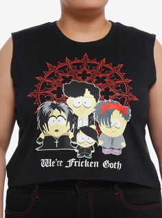 We're not vampire kids  we're fricken goth! Head down to South Park with this muscle tank top on  featuring the Goth Kids at the center and filigree in the background  plus "We're fricken goth" underneath.100% cottonWash cold; dry lowSkimmer lengthImportedModel is 5'10"Model wears size 1 Vampire Kids, Goth Kids, Cartoon Tops, Location Icon, Muscle Tank Top, Top Plus Size, Muscle Tank Tops, Cartoon Tv, Muscle Tank