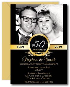 the 50th anniversary party is in black and gold with an image of a bride and groom