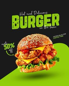 an advertisement for a burger with chicken and cheese