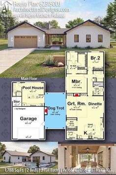 two story house plan with garage and living room in the front, second floor bedroom on the