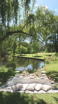 a picnic table is set up on the bank of a river with pillows and flowers