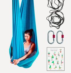 a woman sitting in a blue hammock with various attachments and instructions to use it