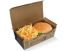 a cardboard box filled with fries and a hamburger