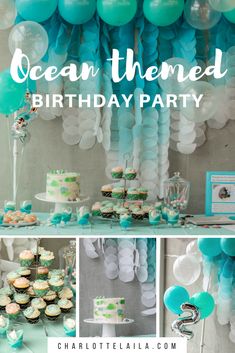 an ocean themed birthday party with balloons and cupcakes