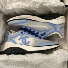 These Are Brand New, Never Worn, Chanel White Blue Sneakers Sku G34763 Y52032 C3288 Luxury Blue Breathable Sneakers, Blue Chanel Sneakers, Chanel Sneakers, High Tops Sneakers, Suede Trainers, Dad Sneakers, Kicks Shoes, Driving Shoes, Silver Shoes