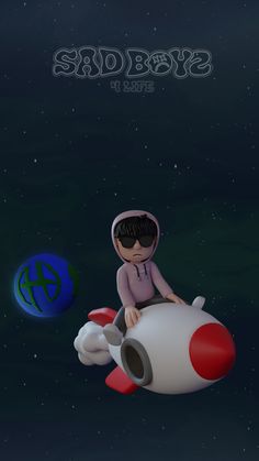 a cartoon character sitting on top of a rocket