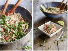 two pictures of food in a bowl with chopsticks next to it and another photo of the same dish